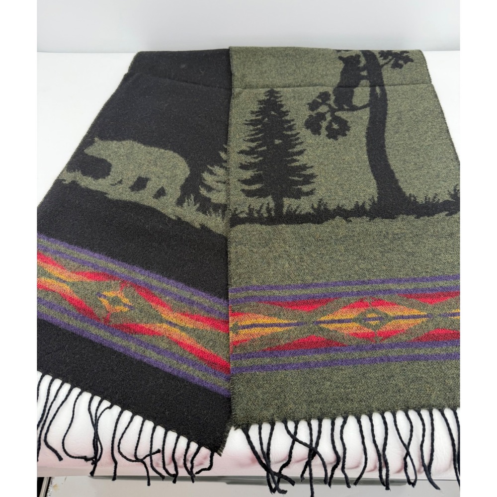 Fine Merinos Scarf Bear Pine Tree Virgin Wool Italy Fringe Southwestern New